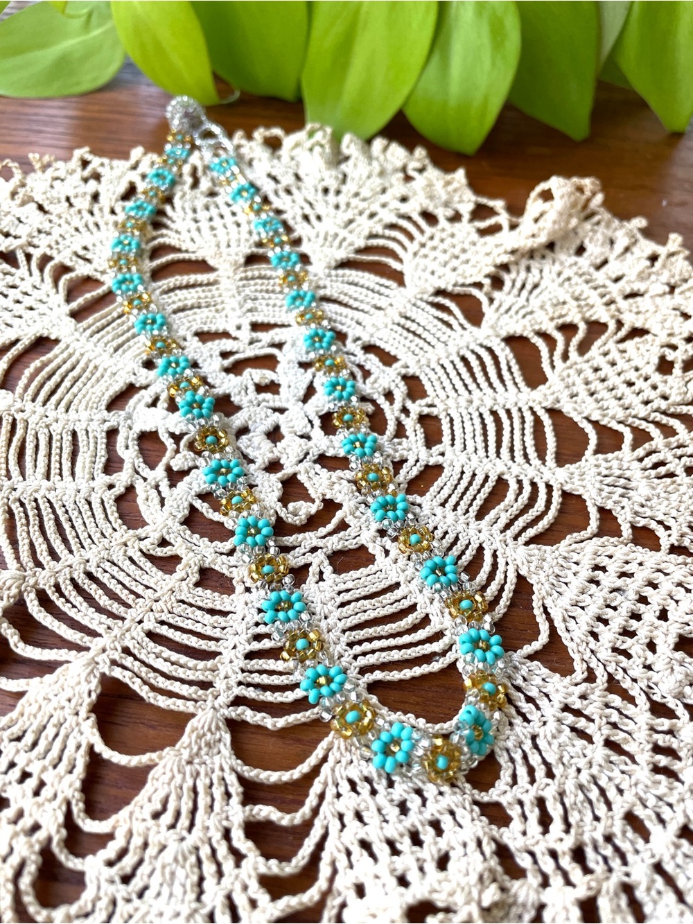 Handmade Turquoise Flower Beaded Necklace - Women Jewelry